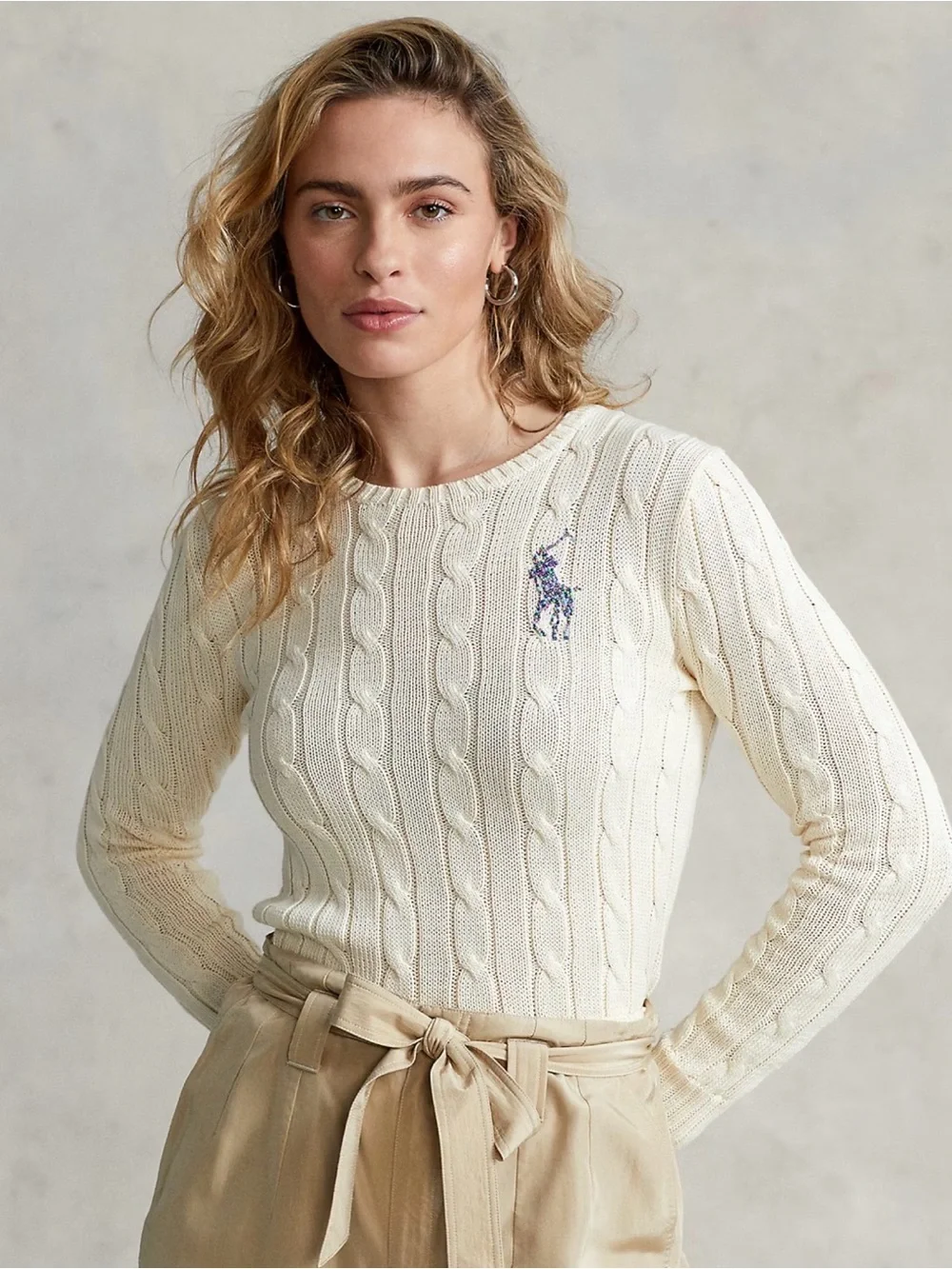 POLO RALPH LAUREN Beaded Big Pony Sweater Women’s S Cream Cable Knit Pima Cotton - Picture 1 of 13